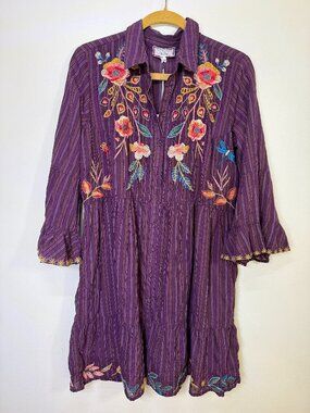 Johnny Was Workshop Purple Embroidered Shuri Easy Tiered Dress